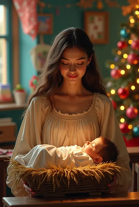 A beautiful teacher with the baby Jesus in a manger With colorful Christmas background in a classroom