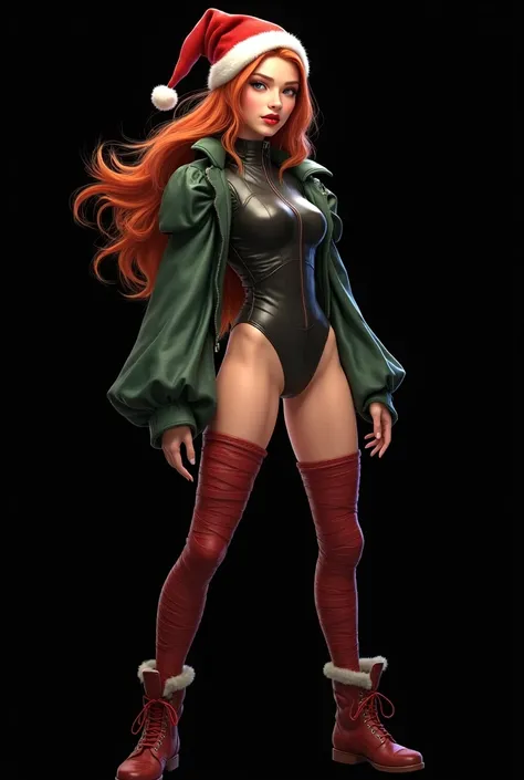 An extremely realistic full body illustration of an athletic young woman,  long, loose orange hair.  She has a Santa Claus style , Dressed in a "Leotardo"  with long and wide sleeves made of red-dyed leather ,  she goes barefoot with her legs bandaged up t...