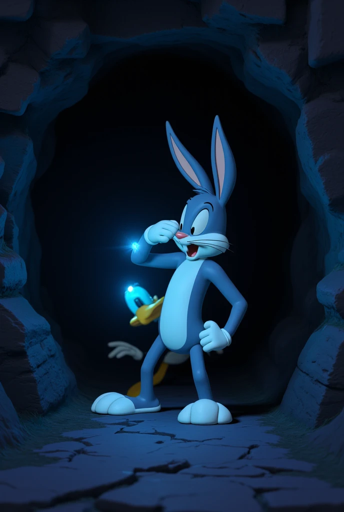 Generate a 3d image of bugs bunny looking through a dark cave for Daffy Duck hiding with a bright shiny blue diamond.