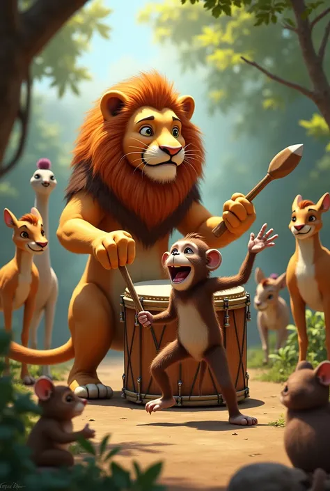 Create a realistic picture of lion play drum and monkey is dancing and other animals sit here and there for seeing monkey dance 