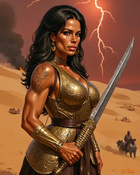 Under a blood-red sky and a shroud of dust storms, a fierce Arabian Bedouin warrior woman stands tall on the crest of a sand dune, her form framed by the distant flicker of lightning. Her bronze skin, marked with ancient tattoos and battle scars, is partia...