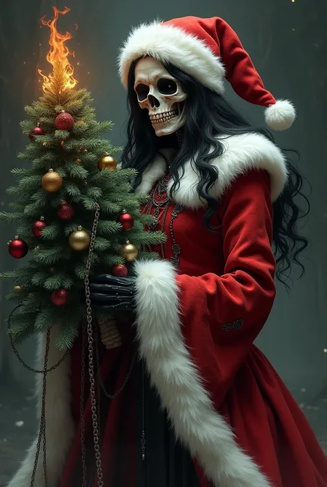 A dark fantasy Christmas image of a skull figure dressed as Santa Claus.  The skull has flowing hair and flames, and holds a Christmas tree.  Christmas ornaments and a chain are included. a digital painting in the style of Greg Rutkowski, depicting a macab...