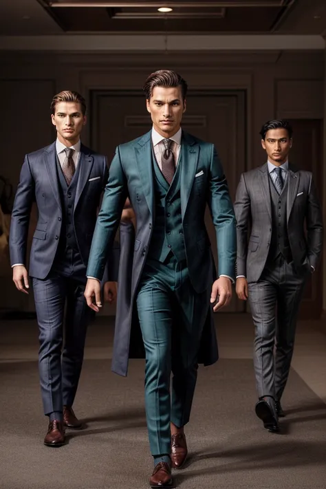 Suit Collection Prompt: "Develop a collection of fine, elegant, and innovative suits for men. The collection should include suits with impeccable tailoring, made with high-quality fabrics such as Italian wool, silk, and linen. The designs should be modern ...