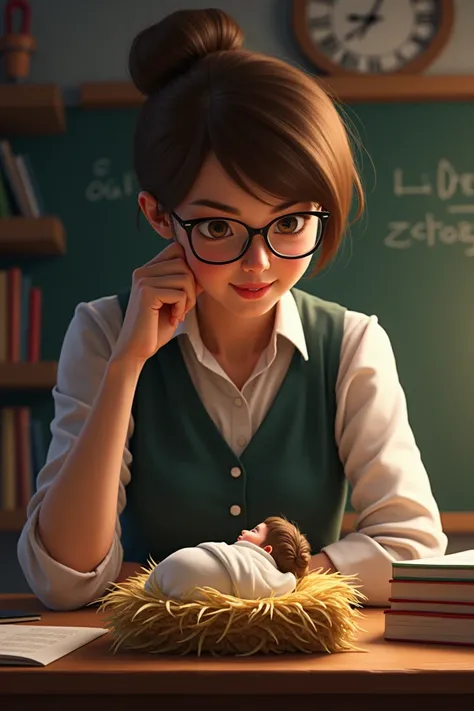 Teacher with glasses contemplating the baby Jesus in a manger, in the classroom