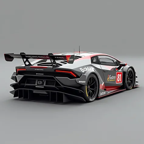 lamborghini huracan super trofeo race car, black gray livery, bold red accents, sponsor logos bolduc maple farms roger dubuis fastron hankook, golden bat logo, number 99, angular patterns, carbon fiber textures, large rear wing freedom isnt free, aerodynam...