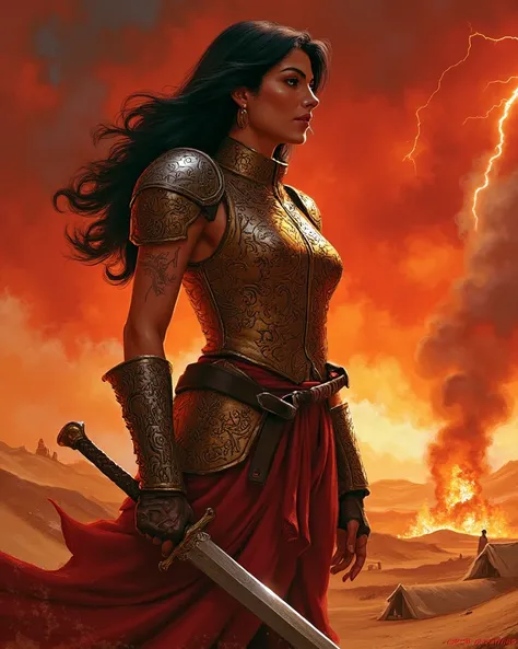 Under a blood-red sky and a shroud of dust storms, a fierce Arabian Bedouin warrior woman stands tall on the crest of a sand dune, her form framed by the distant flicker of lightning. Her bronze skin, marked with ancient tattoos and battle scars, is partia...