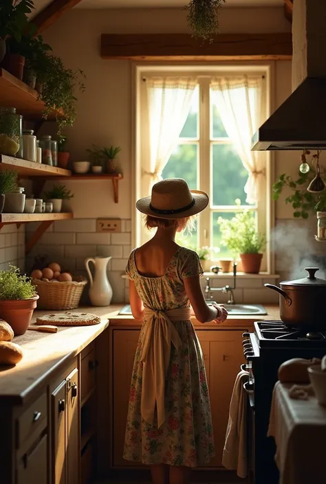 The cozy country kitchen is bathed in the warm glow of the late afternoon sun streaming through a small window adorned with simple lace curtains. At the wooden counter, a country lady stands with her back to the viewer, her figure framed by the rustic char...