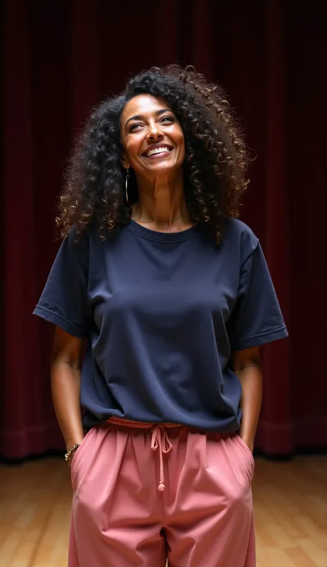 a 50-year-old black woman with long, curly hair, wearing a plain navy blue t-shirt, loose pink pants, smiling, looking serene, set on a theater stage.