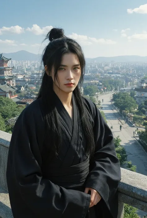  Kiu Chen is an Asian guy with long black hair and yellow eyes, dressed in black hanfu ,  stands on the edge of the roof , Ancient China,  high quality, 4K, Very detailed 