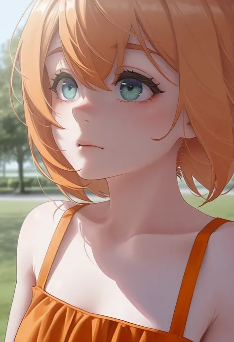 a woman, at the park, sunny day, orange sundress, RAW, UHD, 8K, (closeup:1.1), head, highly detailed face, stunning eyes