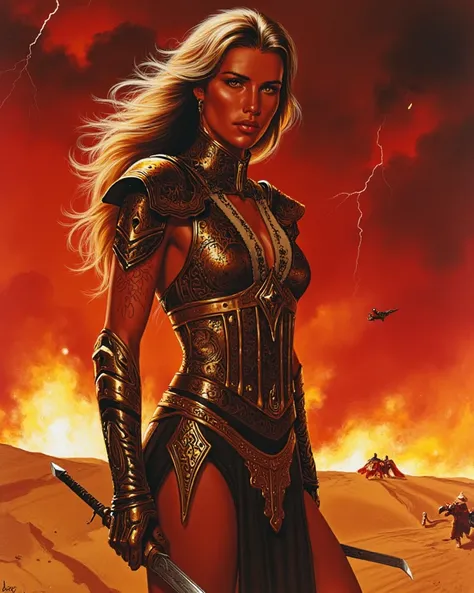 Under a blood-red sky and a shroud of dust storms, a fierce Arabian Bedouin warrior woman stands tall on the crest of a sand dune, her form framed by the distant flicker of lightning. Her bronze skin, marked with ancient tattoos and battle scars, is partia...