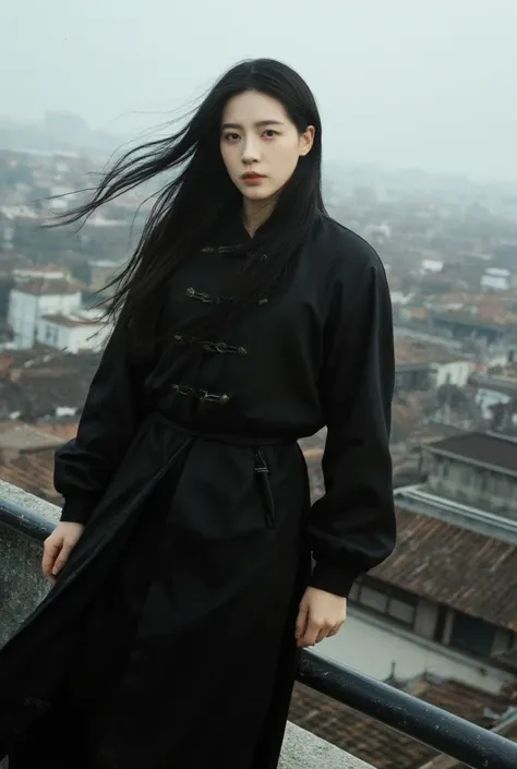 Kiu Chen is an Asian guy with long, flowing black hair and yellow eyes, dressed in black hanfu ,  stands on the edge of the roof , Ancient China,  high quality, 4K, Very detailed 