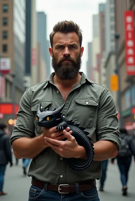 A bearded man in casual clothes looking straight ahead is holding a small black dragon in his hands in the city