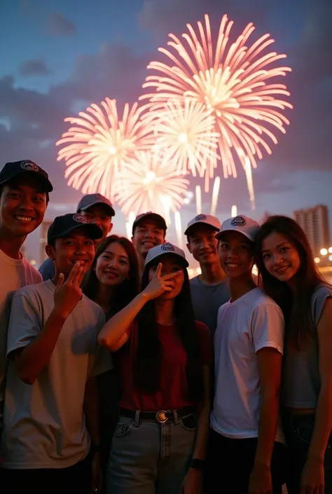 A group of young people pose for a group photo, Wearing baseball caps, Fixing the faces of the people in the picture consists of 6 Indonesian men and 2 Asian women, urban background with a sky full of fireworks, forming a welcoming of 2025