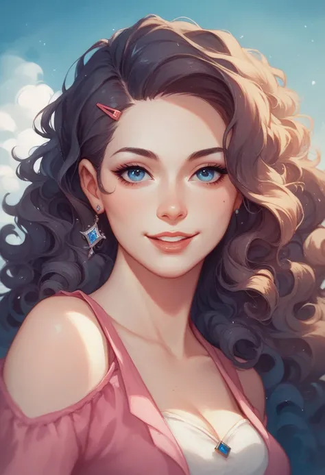 I want you to act as a watercolor artist and create an illustration of a woman with long dark hair and blue eyes. She is wearing a pink dress and has a pair of hair clips on her head. Her hair is styled in loose waves and falls over her shoulders. She has ...