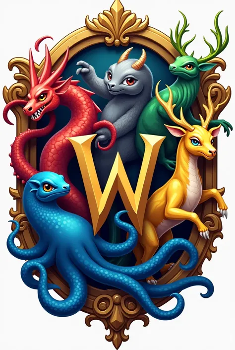 Create the logo as a school of magic with animals in 5 colors, red dragon, gray golem, green lizard, yellow deer, blue octopus, golden frame, gold letter w 