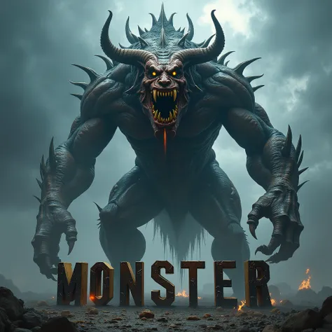 Create an epic picture of a monster with metal lettering at the bottom "monster"