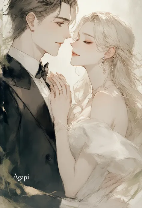 A cinematic poster-style webtoon of a man in a tuxedo gently touches a womans face, her expression is a mix of vulnerability and longing.  She has long blonde hair and is wearing a delicate, ornate gown. The background is blurred but suggests a luxurious s...