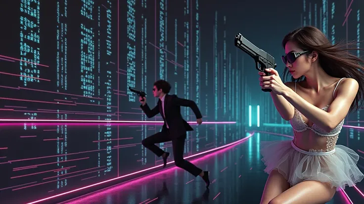 (low angle view). a (photorealistic) young couple assassin in a neon lit simple outlined rainbowish abstract curly background at night, mirrors. (closeup matrix glowing code). (the man is in black suit), half-robotic face, matrix style black micro sunglass...