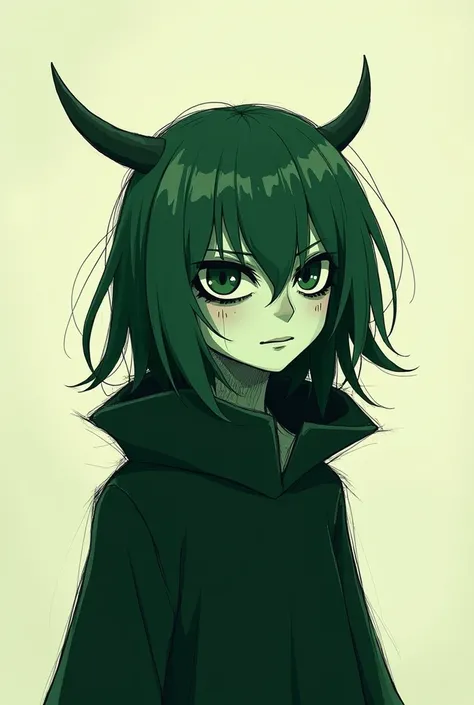 Make a sketch of Chara (character from Undertale), with strong and dark lines, lines that form an image, without even precision, minimalist, using only green color, illustration, dark fantasy