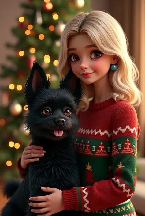 un schipperke et une jeune femme blonde en pull de noel devant un sapin style réaliste