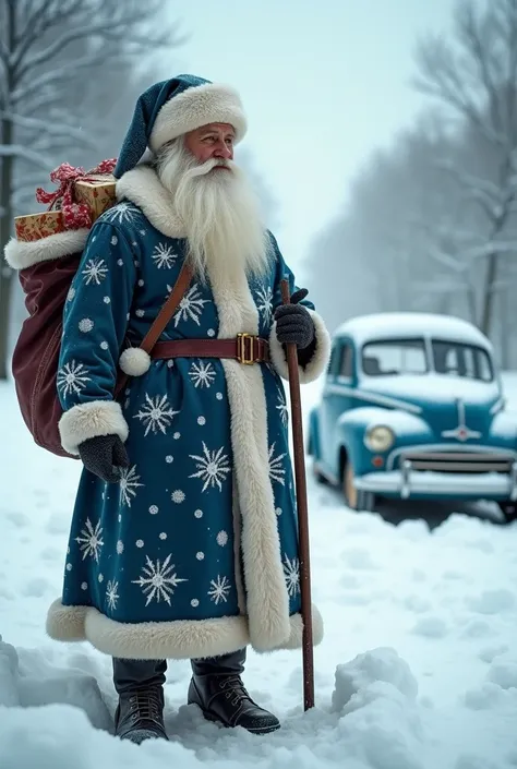  double exposure , in the style of layering , a portrait of an impressive Santa Claus in blue clothes embroidered with white snowflakes with a bag of gifts and a staff in his hands stands nearby against the background of a frozen car in a snowdrift, fiat c...