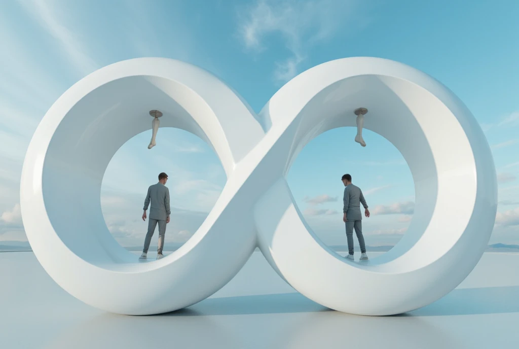  The image shows a surreal scene with an infinity symbol  (∞) como elemento central.  In the upper concavity of the symbol there is a person with their feet fixed on the upper inner surface of the infinite symbol and thus standing upside down, apparently s...