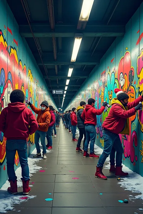 A group of graffiti artists Vandal cartoon subway Paris at night during Christmas with aerosols and drinking rum funny fun full Colors Dark killers Angelz 