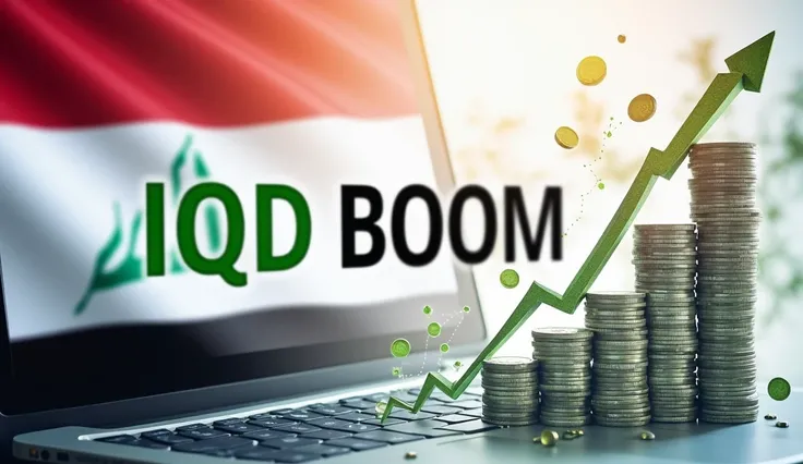 A clean and professional design with the text IQD BOOM Banks and Wealth Managers to Take Action covering the full page. The background features a subtle blend of the Iraqi flag and a map of Iraq, along with financial symbols like currency notes, stock char...