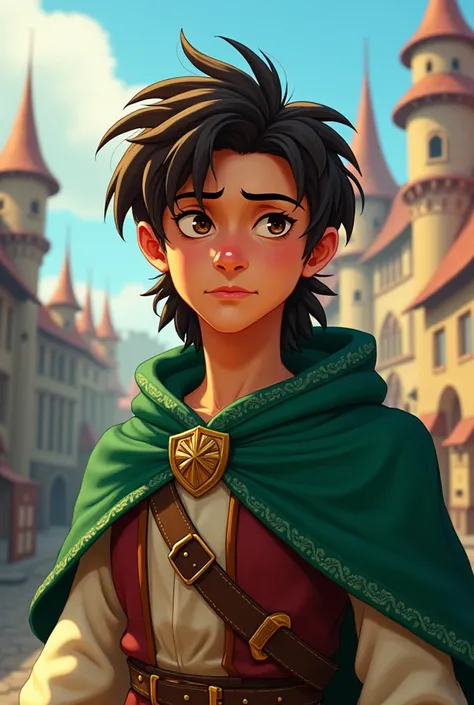 Dreamworks 2D animation. young adult, masculine, Long hair, Without beard, tired look, medieval clothes and green cape