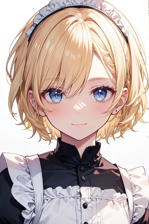 Masterpiece, ((1 boy)), ((Best Quality)), (Ultra-detailed), Highly detailed, (Portrait), ((Short Hair, Blonde hair, Blue eyes)), ((25-years-old, Male)), ((White Skin)), ((Maid Dress, Medieval)), (Beautiful scenery), Daytime, (detailed face), Smiling, Pink ...