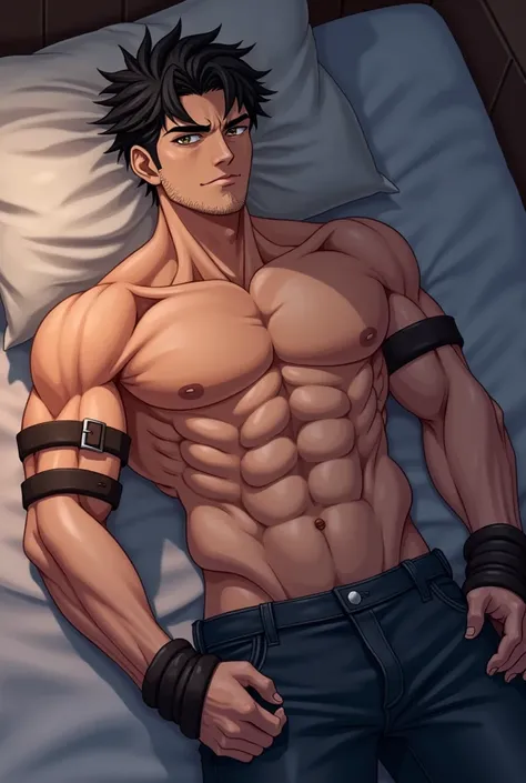 Draw a handsome anime brother with his muscles tied to his hands in bed he is injured and has no beard