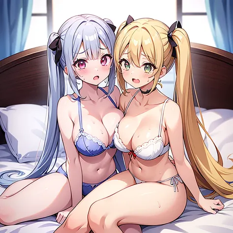 (( top quality )), ((masterpiece)), (  Details), ( super high res)、
(((Two girls are cuddling)))、
(1 Blonde、 straight hair、 very big breasts)、(1 silver hair 、 twin tails、Thin chest)
 perfect face、Perfect Hair、超 Detailsな肌、超 Detailsな瞳、
( in underwear、 bra、 p...