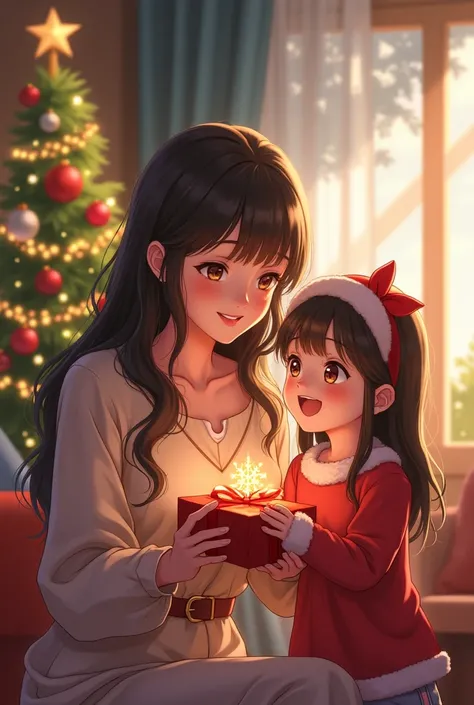 Anime Young woman and her daughter celebrating Christmas 