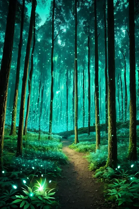  Fantastic forest with turquoise and light green colors, with fireflies in the background 