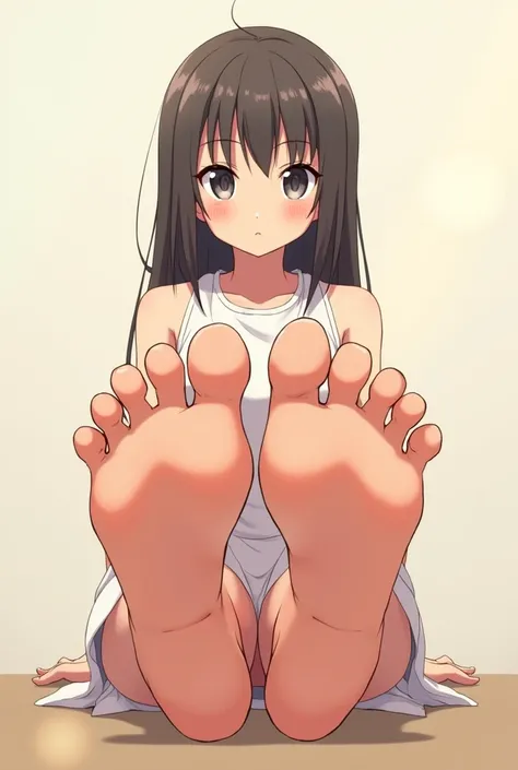 anime girl with really big feet, showing her feet, detailed feet, feet art, feet soles