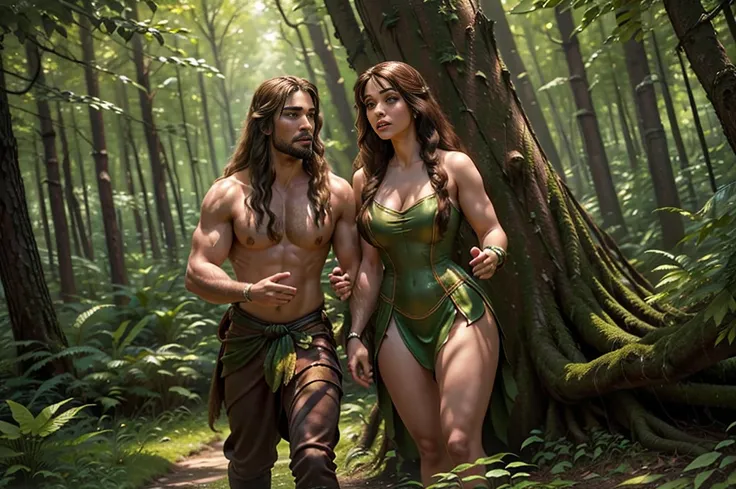 (( top quality)), ((masterpiece)), (detail), heavenly beauty Aishwarya , perfect facial detail , perfect finger details,fit curvy body ,Beautiful legs,women interacting with jereme momoa as tarzan, fantasy movie still become Tarzan, wearing a typical Tarza...