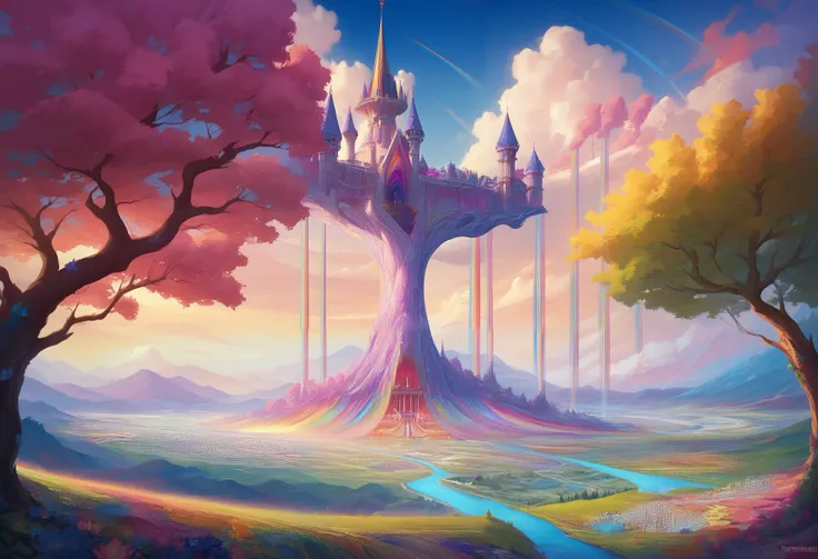 cathedral in a field , large mysterious trees in a field 、painting with flowers and a stream flowing , scenic colorful environment, colorful hd picure, Magical World. colorful , BEAUTIFUL 4K ART , complex rainbow environment , extraordinary colorful landsc...