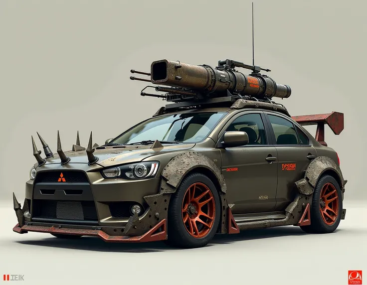 Create me the Mitsubishi Lancer Evo 9 armored with armor and some m-138 minigun ,  machine guns I want it to look like a vehicle from the movie Death Race and the Twisted Metal game saga and that the car has armor and spikes to make it look more aggressive...