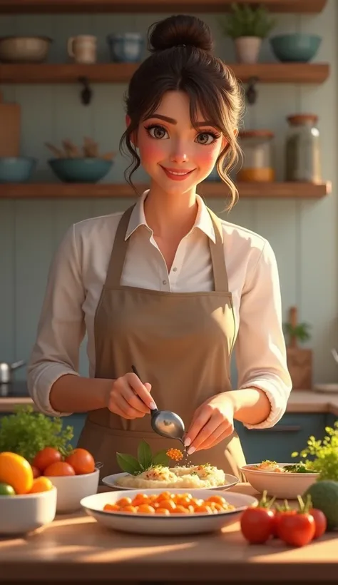 A smiling, well-groomed woman, wearing makeup, with her hair tied up, happy to be in her kitchen making lunch boxes and soups and selling a lot. 