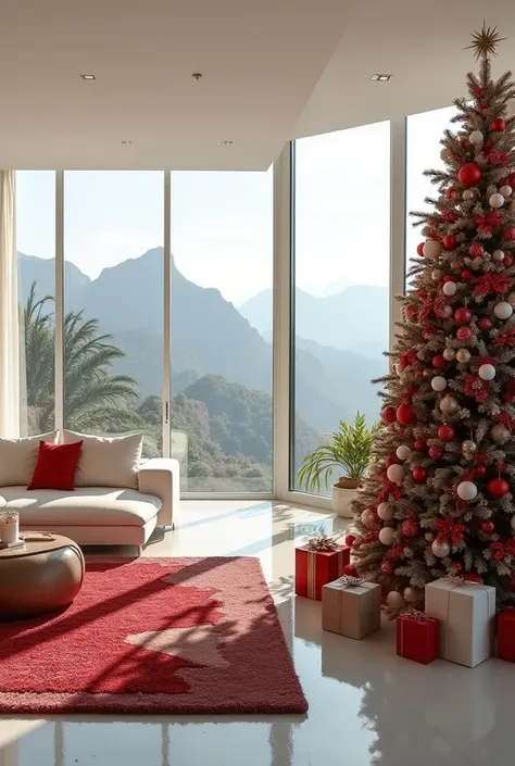 Describe me in a large luxurious modern house you can see white beige furniture in Miami during the day you can see beautiful mountains through the windows, there are beautiful red and white Christmas decorations and a large Christmas tree decorated with n...