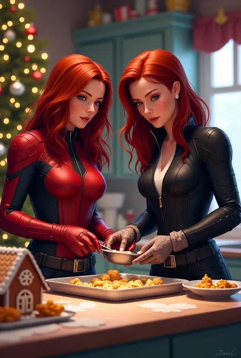 Marvel MCU Scarlet witch and Black Widow are baking cookies in Christmas house