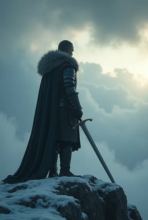 Create a cinematic scene of a heroic warrior standing on a snow-covered rocky peak, gazing into the horizon. The figure is clad in dark medieval armor with intricate detailing, a fur-lined cape flowing dramatically in the wind. The warrior grips a long, gl...