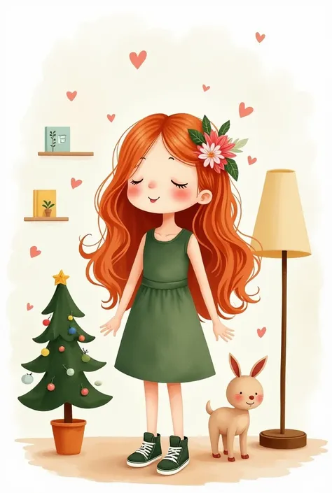 Create a super cute, delicate and quirky minimalist watercolor image complete with book style Ren with closed eyes, flushed cheeks, long red hair with lots of flowers in her hair. She is very happy in the living room, next to a delicate Christmas tree, wea...