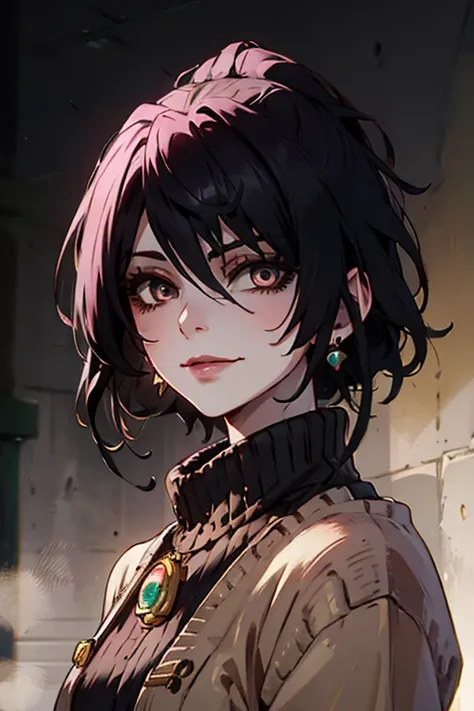 Short black hair, pink lips, black eyes, long black lashes, staring gaze, black eyebrows, smiling expression, beige sweater, earrings, concrete background, black, pink, white, top quality, super detailed