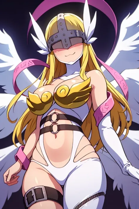 angewomon, blonde hair, long hair, angel wings,blue eyes, bare shoulders, elbow gloves, feathered wings, gloves, navel, pink ribbon, ribbon, single elbow glove, single glove, thigh strap, wings, sexy, sexy body, laugh,masterpiece, best quality, in detail,c...