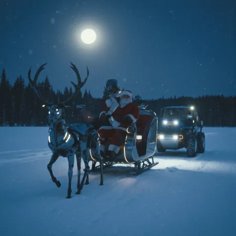 A peaceful night-time scene with Santa Claus, dressed in a classic red outfit, riding a sleigh pulled by sleek robotic reindeer with subtle glowing lights along their metallic bodies. Behind him, a futuristic robotic vehicle trails silently, blending into ...