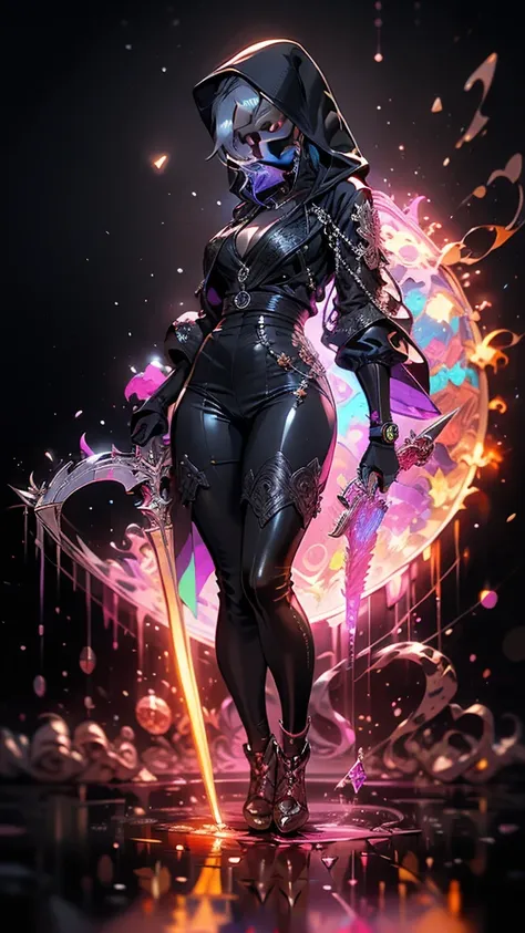 16k,Super fine,masterpiece,best quality, (silhouette art:1.4), (Double Exposure:1.3), The Queen in a stylish and sexy ninja hoodie with one eye covered with a black cloth like an eyepatch that shows off her cleavage and thighs looking down with confidence ...