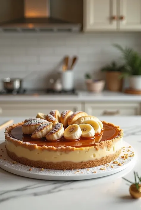  An Beautiful banoffee pie atop a white marble countertop in a modern and elegant kitchen in neutral tones, the kitchen is decorated for Christmas . 