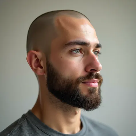 
A young man with a bald, short beard and a round face, taken from the side profile. A photo that looks like a real man, not an animation or cartoon.